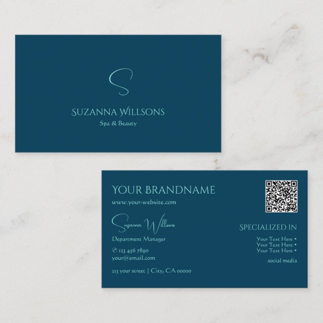 Tarjeta De Visita Elegante azul marino plano con código de Monograma (Anverso / Reverso)
