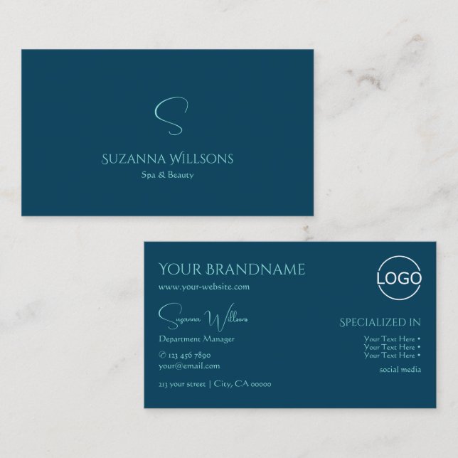 Tarjeta De Visita Elegante azul oceánico plano con monograma y logot (Anverso / Reverso)