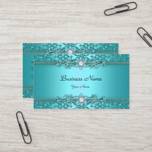 Tarjeta De Visita Elegante azul turquesa con aspecto de damasco real