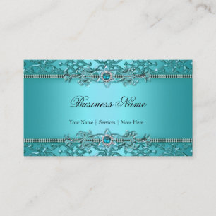 Tarjeta De Visita Elegante Azul Turquesa Damask Con Aspecto Repujado