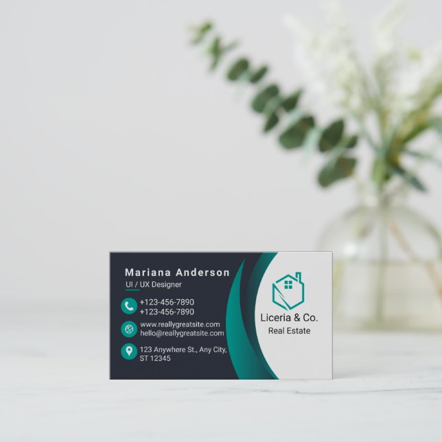 Tarjeta de visita elegante azul y blanco/negro (Anverso de pie)