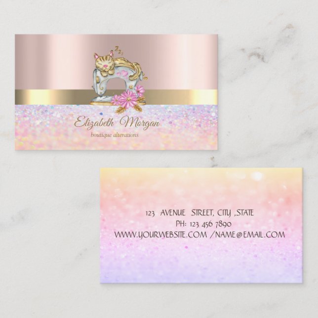 Tarjeta De Visita Elegante Banda Bokeh Gold, Gato de máquina de cose (Anverso / Reverso)