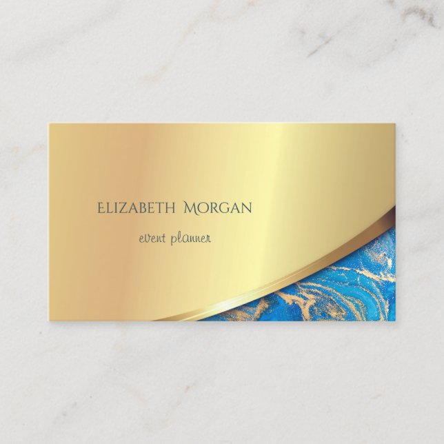 Tarjeta De Visita Elegante banda de oro moderna, mármol azul (Anverso)