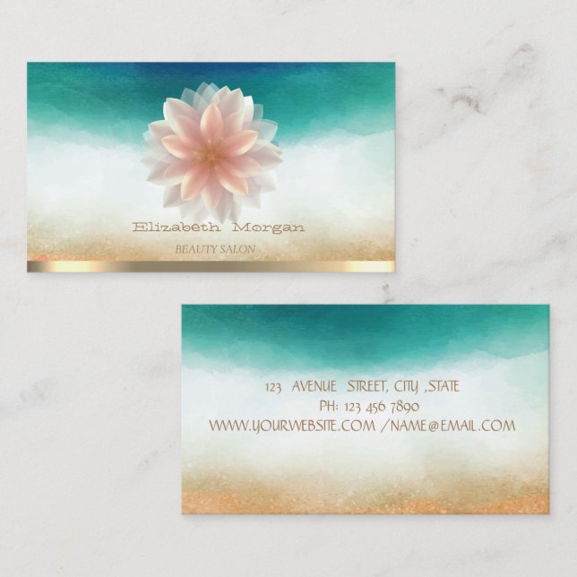 Tarjeta De Visita Elegante banda dorada Lotus Salón de belleza acuar (Anverso / Reverso)