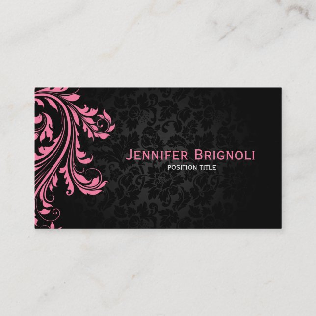 Tarjeta De Visita Elegante Bañera de Damasco Negro Pink Floral Swirl (Anverso)