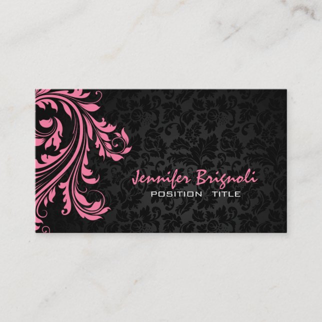 Tarjeta De Visita Elegante Bañera de Damasco Negro Pink Floral Swirl (Anverso)