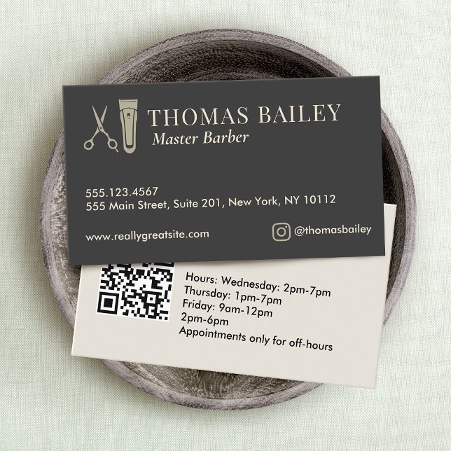 Tarjeta De Visita Elegante Barber Buzzer y tijeras QR (Subido por el creador)