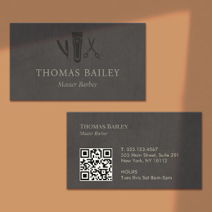 Tarjeta De Visita Elegante Barber Shop, Hair Stylist QR Code