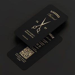 Tarjeta De Visita Elegante Barbershop Black Gold Barber Scissors