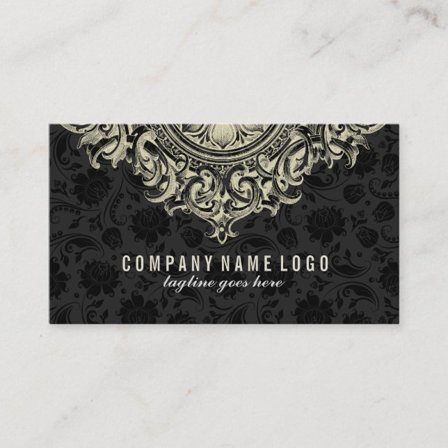 Tarjeta De Visita Elegante Beige Floral Ornamento negro fondo (Anverso)