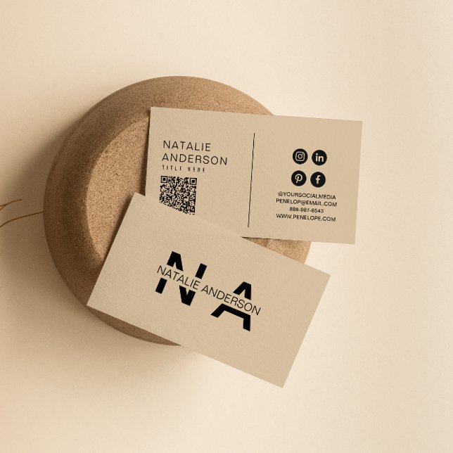 Tarjeta De Visita Elegante Beige Neutral Código QR Monograma Boho (Subido por el creador)
