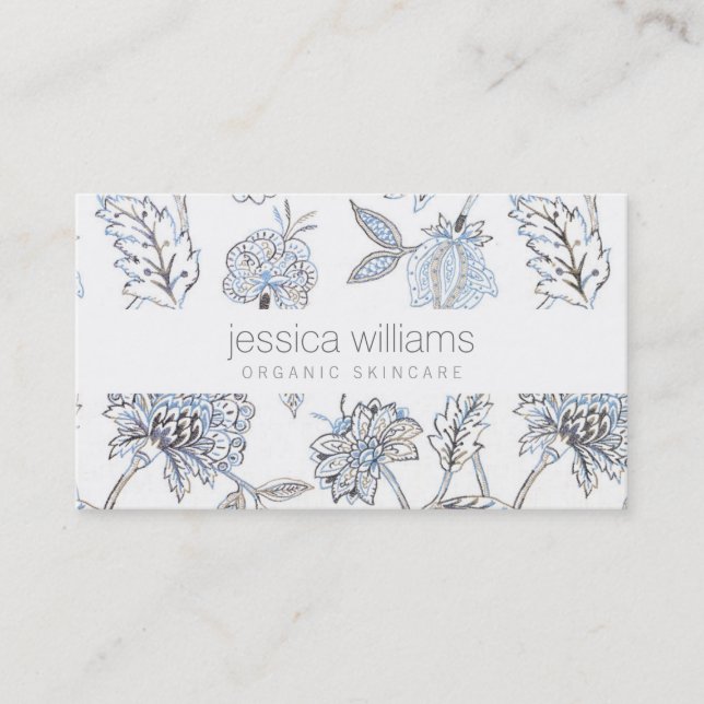 Tarjeta De Visita Elegante Belleza Azul Patrón Floral Cosmetólogo (Anverso)