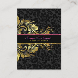 Tarjeta De Visita Elegante Black Damask Gold Floral Lace