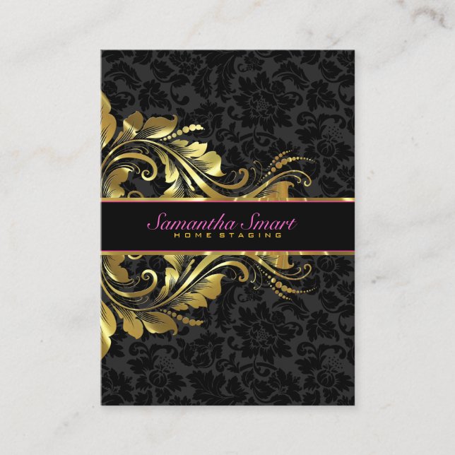 Tarjeta De Visita Elegante Black Damask Gold Floral Lace (Anverso)