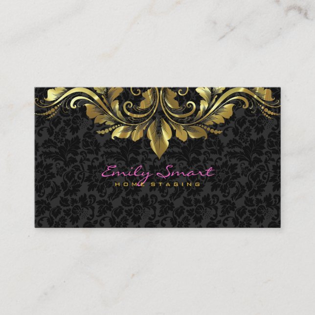 Tarjeta De Visita Elegante Black Damask Gold Floral Lace 2 (Anverso)