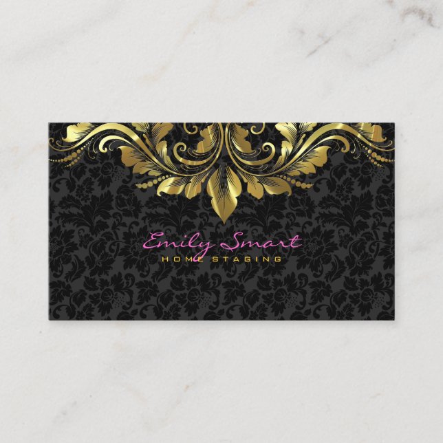 Tarjeta De Visita Elegante Black Damask Gold Floral Lace 2 (Anverso)