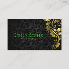 Tarjeta De Visita Elegante Black Damask Gold Floral Lace 4