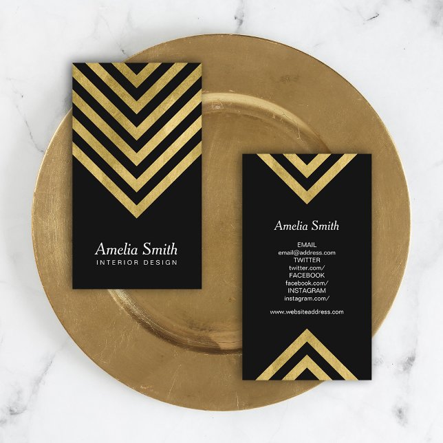 Tarjeta De Visita Elegante Black Faux Gold Geometric Social Media (Subido por el creador)