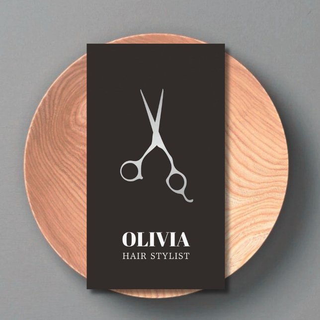 Tarjeta De Visita Elegante Black Faux Silver Scissors Bold Hair Salo (Subido por el creador)