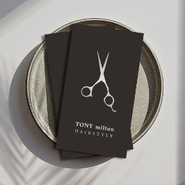Tarjeta De Visita Elegante Black Faux Silver Scissors Hairstylist