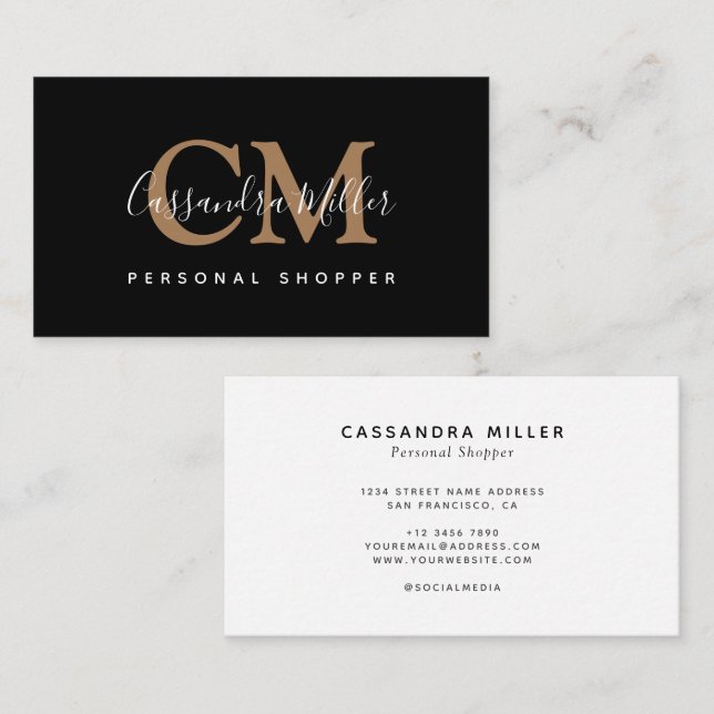Tarjeta De Visita Elegante Black Gold Monogramed Name Professional (Anverso / Reverso)