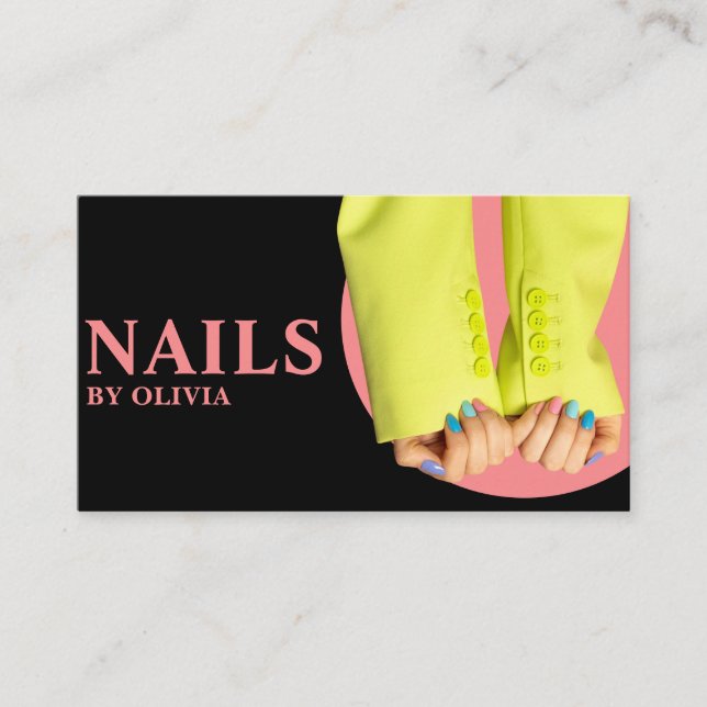 Tarjeta De Visita Elegante Black Pink Feminine Moderno Nail Tech (Anverso)