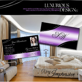 Tarjeta De Visita Elegante Black Purple Curved Lines Monograma Foto