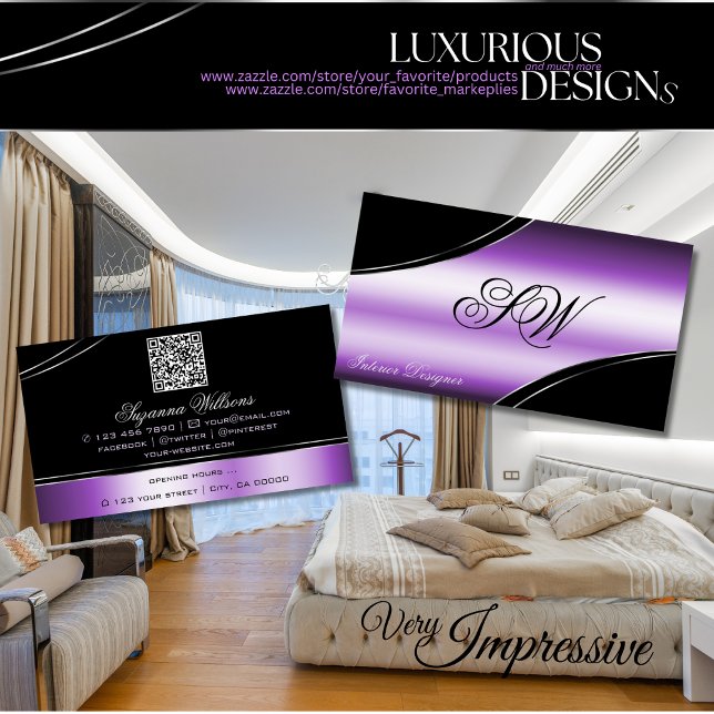 Tarjeta De Visita Elegante Black Purple Curved Lines Monograma QR Co (Subido por el creador)