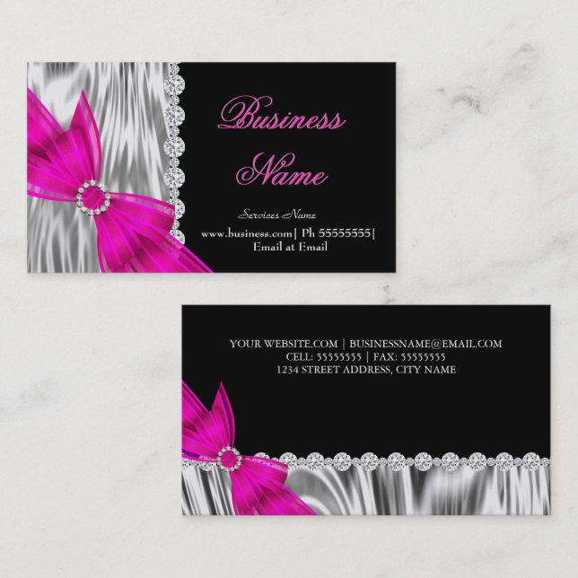 Tarjeta De Visita Elegante Black Silver Seda Hot Pink Bow (Anverso / Reverso)