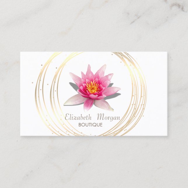 Tarjeta De Visita Elegante blanco ,Círculos dorados acuarela Lotus (Anverso)