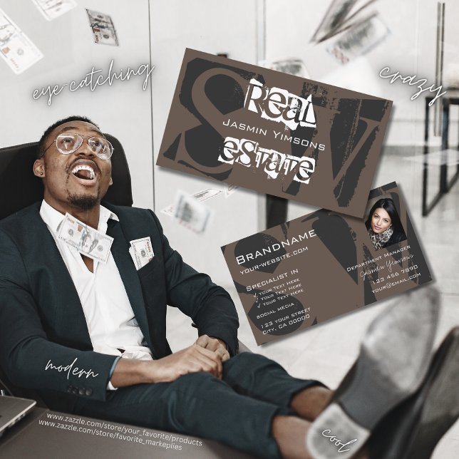 Tarjeta De Visita Elegante blanco gris marrón con foto y monograma (Subido por el creador)