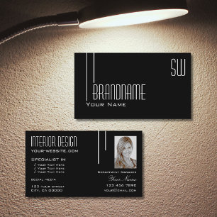 Tarjeta De Visita Elegante blanco negro con monograma y foto moderna