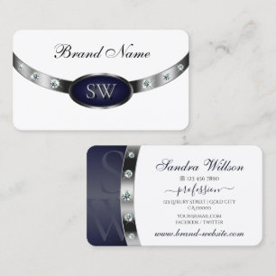 Tarjeta De Visita Elegante blanco oscuro azul y plateado con monogra