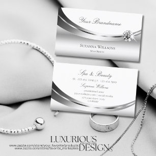 Tarjeta De Visita Elegante blanco plateado con brillantes diamantes