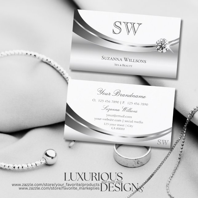 Tarjeta De Visita Elegante blanco plateado con diamante espumoso mon (Subido por el creador)