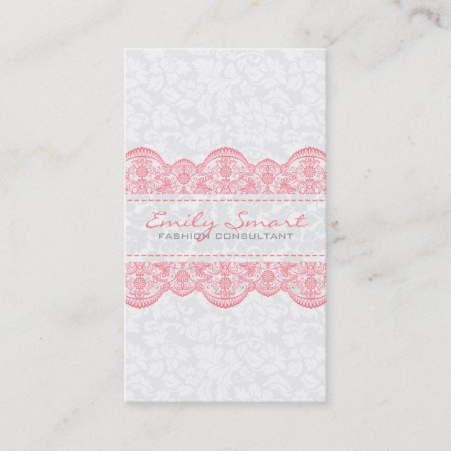 Tarjeta De Visita Elegante blanco ventilado damasquinado rosa encaje (Anverso)