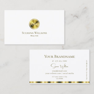 Tarjeta De Visita Elegante blanco y dorado con logotipo elegante