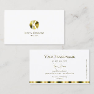 Tarjeta De Visita Elegante blanco y dorado con monograma moderno