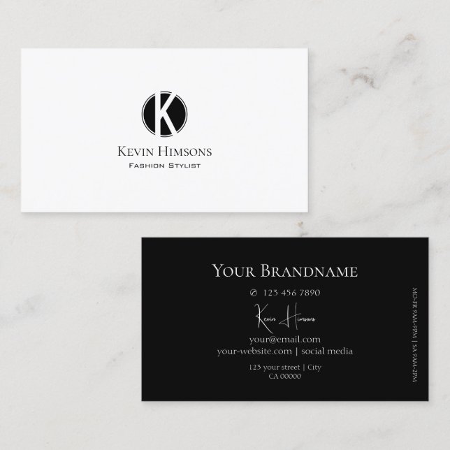 Tarjeta De Visita Elegante blanco y negro con monograma moderno (Anverso / Reverso)