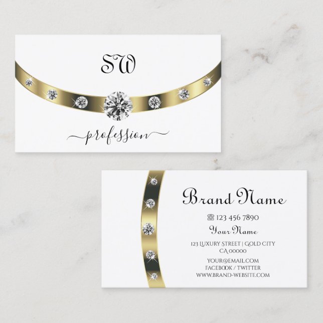 Tarjeta De Visita Elegante blanco y oro con Diamantes de imitación d (Anverso / Reverso)