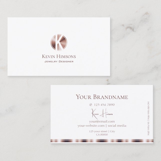 Tarjeta De Visita Elegante blanco y Rosa dorado con monograma (Anverso / Reverso)