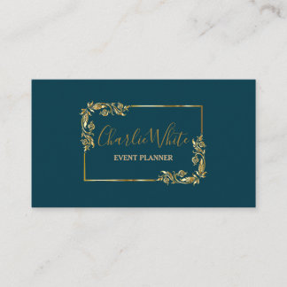 Tarjeta De Visita Elegante Bleu Oscuro Y Floral Gold Leaf QR