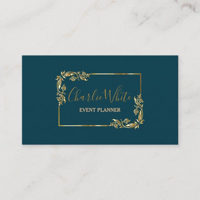 Tarjeta De Visita Elegante Bleu Oscuro Y Floral Gold Leaf QR (Anverso)