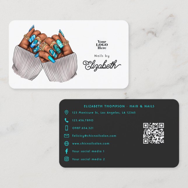 Tarjeta De Visita Elegante Blue Black Woman Nail Salon Branding Desi (Anverso / Reverso)