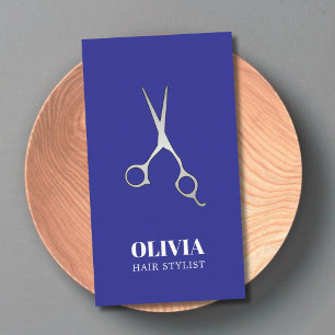 Tarjeta De Visita Elegante Blue Faux Silver Scissors Bold Hair Salon