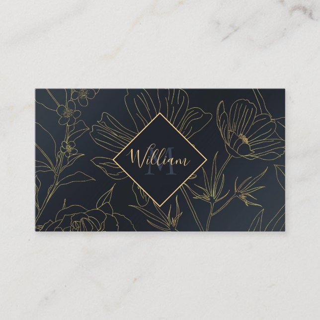 Tarjeta De Visita Elegante Blue Gold Flowers Botanical (Anverso)