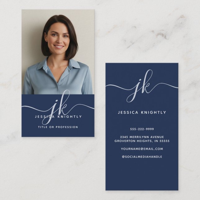 Tarjeta De Visita Elegante Blue Gold Monogram Script Photo (Anverso / Reverso)