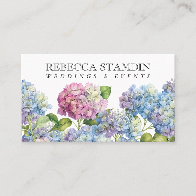 Tarjeta De Visita Elegante Blue Hydrangea Floral Profesional (Anverso)