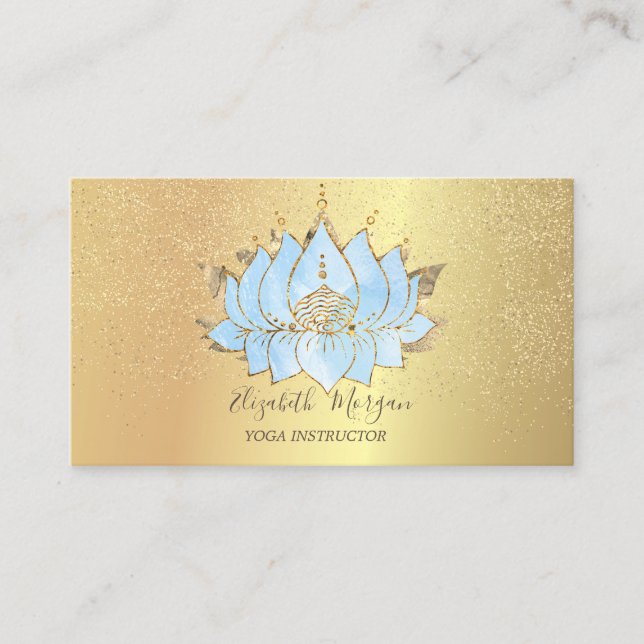 Tarjeta De Visita Elegante Blue Lotus Gold Confetti Yoga (Anverso)