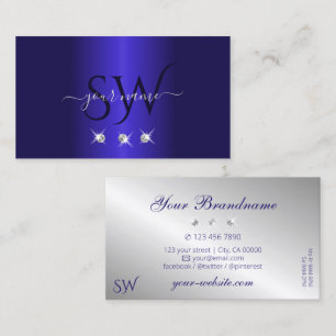 Tarjeta De Visita Elegante Blue Silver Sparkling Diamonds Initials